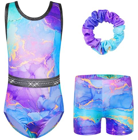 HUAANIUE Set di body da ginnastica per bambine + pantaloncini + accessori per capelli, tuta da danza senza maniche, 3-14 anni, Marmo KHB364 Nero, 7-8 Jahre