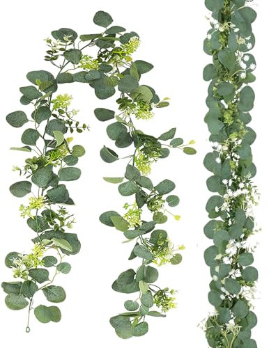 Yhjxly Künstliche Eukalyptus Girlande, Eukalyptus Deko,Pflanzen Girlande Grün 180cm Weidenblättern Blätter,Pflanze Hängepflanze,für Hochzeiten Partys Esstische Kaminsimse Treppen Türrahmen