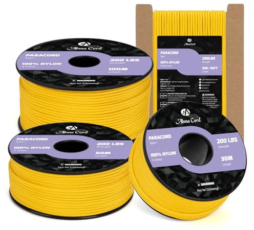 Abma Cord Paracord 2mm 30m Nylonschnur 3 Kern Seil Typ I Schnur für Basteln, Camping, Outdoor - Max. 90kg (200lbs) - Gold Gelb