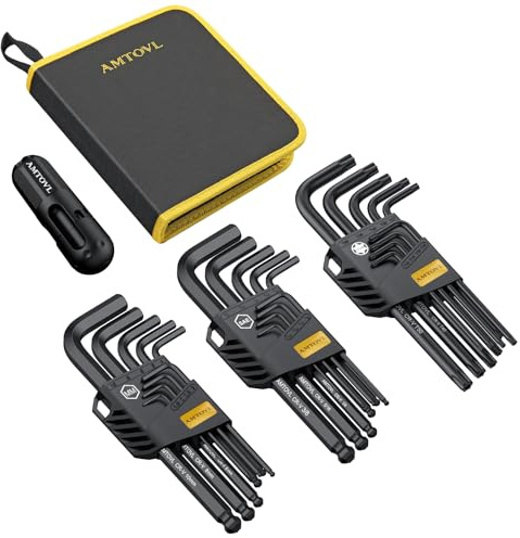 AMTOVL Hex Keys Set, 27PCS Allen Key Set & Star Key Set, Metric Imperial | Extra Long Ball End Hex Key Set, with T-Handle for Bicycle Repair Household DIY 1.5-10mm, T10-T50, 1/16-3/8
