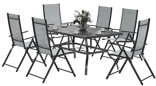 Outsunny Set Tavolo e Sedie da Giardino da 7 Pezzi, Tavolo da Pranzo con Foro per Ombrellone e 6 Sedie Pieghevoli da Esterno con Schienale Alto, Tavolo da Giardino Rettangolare in Acciaio, Grigio