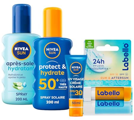 NIVEA SUN - Coffret Protection Solaire - Crème Solaire Visage FPS 30 (50 ml) + Spray Protect & Hydrate FPS 50+ (200 ml) + Spray Après Soleil (200 ml) + Duo Labello Sun & After Sun + Ballon De Plage