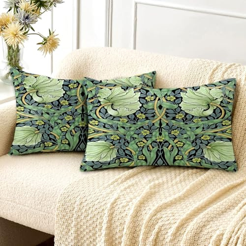 HUASHUZI Cushion Covers Rectangle Long Oblong William Morris 30x50cm Green Leaf Decorations Double Sided Pattern Throw Pillow Case Set of 2 Home Decor for Sofa Bench Couch