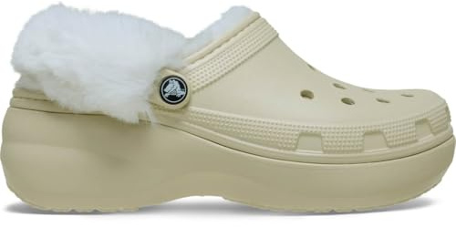 Crocs Women's Classic Platform Fuzz-Lined Clogs, Fuzzy Slippers, Bone, 6
