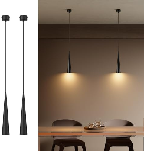 K-Bright 2 Stück pendelleuchte Kegelförmig, Hängelampe LED mit 5W GU10 Leuchtmittel, Hängeleuchte Höhenverstellbar Pendellampe für Küche Nachttisch Esstisch Wohnzimmer, Warmweiß 3000K, Schwarz