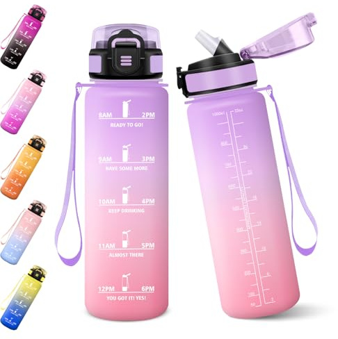 Baramumu Borraccia, 1000ML Senza BPA, Con Paglia, Borraccia Acqua, Bottiglia d'acqua Motivazionale con Indicatore del Tempo, Bottiglia con Cannuccia per Palestra - Lilla chiaro&Rosa chiaro