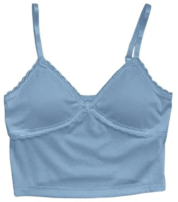 MakeMeChic Women's Lace Cami Tops Sleeveless Spaghetti Strap Ribbed Y2K Crop Tank Tops Blue Medium