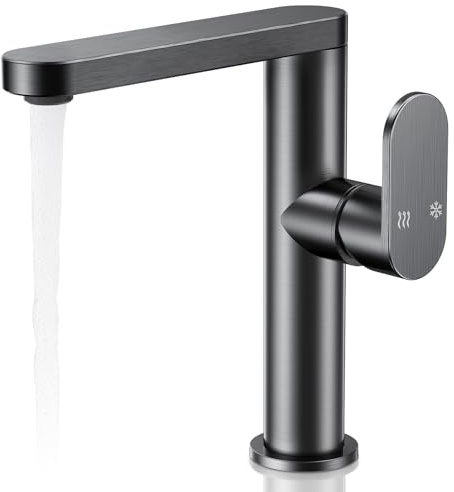 Wiorhix Grifo de Lavabo, Aluminio Espacial Grifo Lavabo Monomando, Grifo Baño con Control de Agua Fría y Caliente, Mezclador de Baño con Manguitos G3/8 para Baño, Lavabo