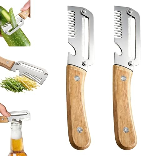 FOUTP 2 Pezzi Pelaverdure Multifunzione 3 in 1 in Acciaio Inox con Manico in Legno Sbucciatore Professionale Ergonomico per Frutta e Verdura con Affetta Cipollotti e Apribottiglie (A)