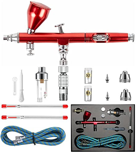 HUBEST Dual Action Airbrush Kit with 0.2mm 0.3mm 0.5mm Nozzles, Air Hose & Quick Coupler - Gravity Feed Set with Moisture Trap for Painting Models, Miniatures, Cake Decorating, Nails, Shoes & Crafts
