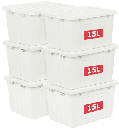 Cetomo 15L*6 Cajas de Almacenamiento con Tapas, Contenedores de Plástico con Broches de Enganche, Clip On, Apilables, Encajables, Organizador Rayado para Ropa Juguetes Armario, Blanco, 15L-6 Pack