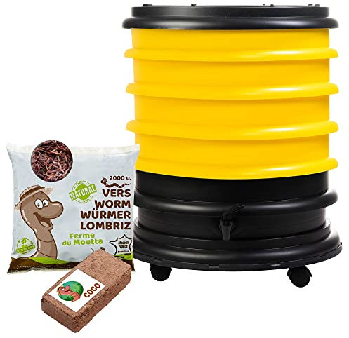 WORMbox | Lombricomposteur 4 Plateaux Jaune + 1kg de vers de Compost + 1 Bloc Coco | 64 litres | Compostez Vos déchets organiques, Les vers de Terre/lombrics produisent du lombricompost