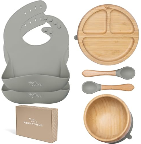 Yum Yum's Set of 6, Baby Feeding Set, Baby Plates with Suction, Bamboo Plates, Baby Bowl & Wooden Spoons | Baby Weaning Set, Suction Bowl and Baby Plate,Baby weaning Bibs, Bamboo Weaning Set for Kids