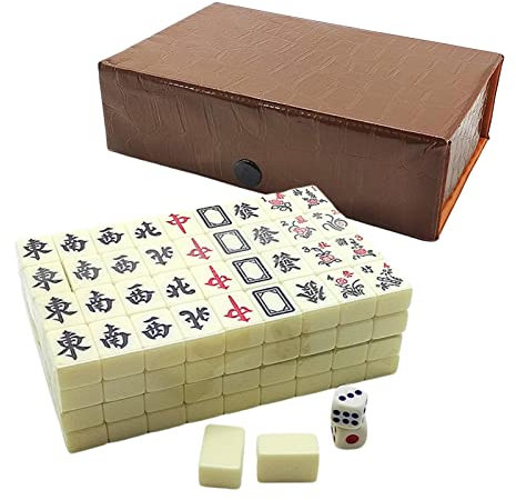 Storaffy Mahjong Spiel Set|Chinesische Mini Mahjong Brettspiele|144Stück Mahjong Steine mit 2Stück Würfeln Reise Puzzle Spiele|Traditionelles Mahjong Spielset FamilienParty Tischspiele für Erwachsene