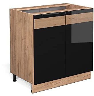 Vicco Küchenunterschrank Fame-Line, Schwarz Eiche Hochglanz, 80 cm mit Regal, ohne Arbeitsplatte