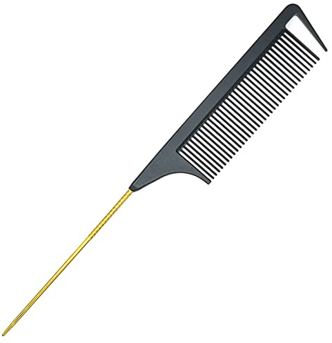 LLTGMV 9.3 Rat Tail Comb for Hair Styling, Parting, and Braiding with Metal Stainless Steel Pintail (Black & Gold)
