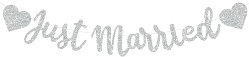 BEISHIDA Silvery Just Married Banner - NO DIY, Glitter Wedding Party Banner,Just Married Signs, Bachelorette/Bridal Garland,Engagement Party Decor Supplies, Wedding Reception Party Decorations.