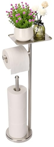 Noonext Porte-Papier Toilette avec étagère, Support de Papier Toilette Autonome avec Plateau pour Petits Articles, Espace de Rangement pour 4 Rouleaux de Papier Toilette, Nickel brossé