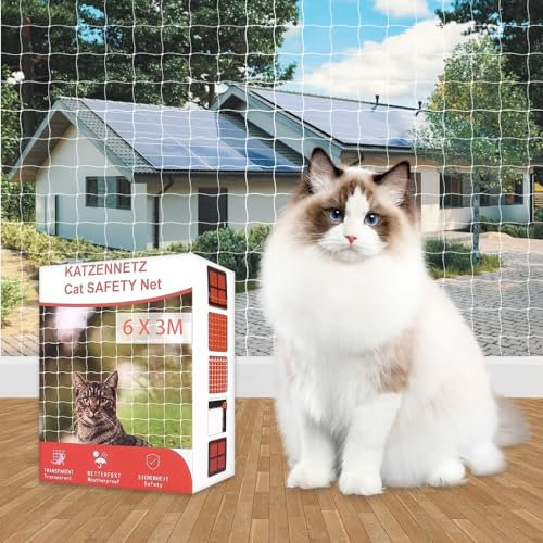 Palwin Katzennetz für Balkon, 6 x 3 m, Katzengitter Fenster ohne Bohren mit 25 m Befestigungsseil und Zubehör, Beiß und Reißfest, Katzennetz Drahtverstärkt für Balkone Treppen Terrasse, Transparent