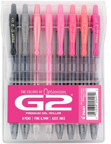 Pilot, G2 Premium Gel Roller Pens, G2 Boost Pink Pack, The Colors of Optimism, 8 Pack Pouch, Fine Point 0.7 mm, Assorted