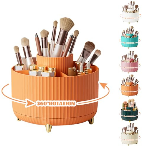 360° Rotating Makeup Organiser, Make Up Brush Holder with 5 Compartments, Desk Storage Container for Bedroom Dressing Table Cosmetics Organizer, Office Stationery Storage, Desktop Pen Holders (Orange)
