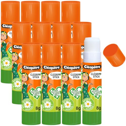 CLEOPATRE – Boîte de 12 bâtons de colle formulée à base d'amidon en 8 gr – Naturel Sans Solvant – Idéal pour Écoles, Papeterie, Bureau, Fournitures Scolaires