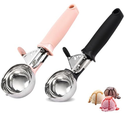 2pcs Ice Cream Scoop, Ice Cream Scoop with Trigger, Cookie Scoop, Ice Cream Scoops with Easy Trigger, for Cookie Dough, Mash Potatoes, Melon Balls, Dishwasher Safe (Black/Pink)