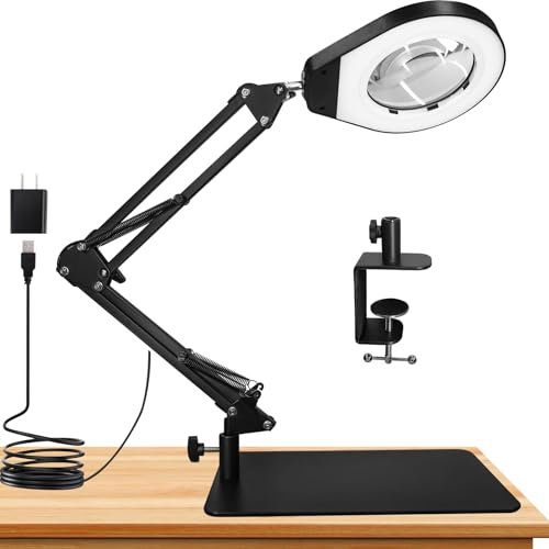 Beyamz - Lampada di Ingrandimento con Base e Morsetto, Lente Illuminata 105 mm 5x, Luce Regolabile (5 Colori, 10 Livelli, 790 LM), Braccio Orientabile Regolabile - Mani Libere per Lavori di Precisione