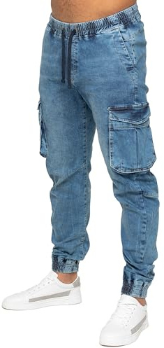 989Zé ENZO Mens Cargo Combat Jeans Elasticated Waist Cuffed Trousers Joggers (UK, Numeric, 32, Regular, Regular, Blue)