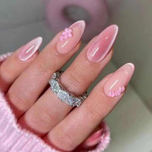 Ceboic 24Pcs Almond Press on Nails Medium, French Tip False Nails Bling Glossy Pink Cat Eye Fake Nails with Floral Design, Artificial Acrylic Full Cover Stick on Nails for Women Nail Art Decorations