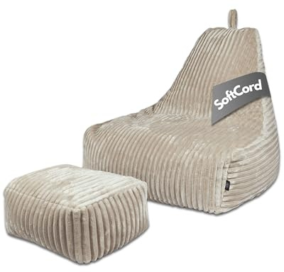 PatchHome Deluxe Cord sittsäck lounge fåtölj – gaming saccosäck set med fotpall – bekväm manchesterfåtölj med fyllning – vardagsrum och sovrum möbler (kräm, XL – sittsäck pallset)