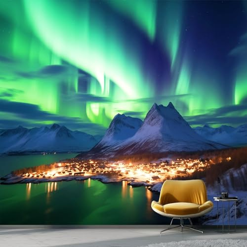 Carta da Parati Fotografica Non Tessuta Scenario Naturale Aurora Boreale, Verde Carta da Parati per Soggiorno Camera da Letto Ingresso, 200 x 140 cm Grande Murale di Sfondo TV