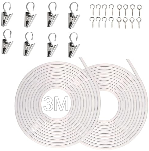 PARFCO Gusano para Cortinas, 2 Piezas Gusanillo para Cortinas, 3 m Alambre de Cortina, Gusanillo para Cortinas Blanco, con Ganchos y Clips, Adecuado para Cortinas Malla, Cortinas de Ducha y Cortinas