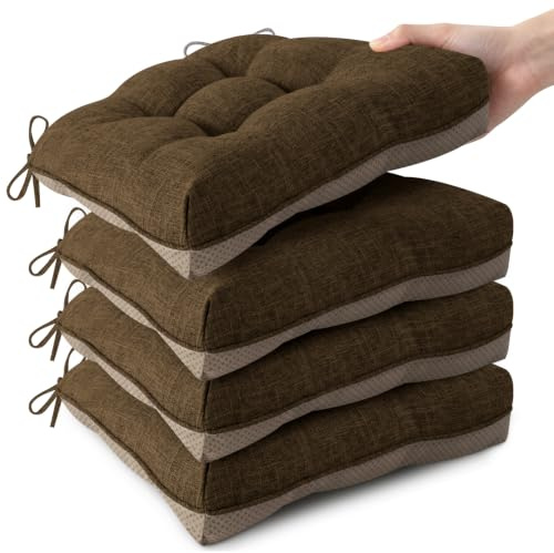 FlyGulls 4 Pack Seat Cushions for Dining Chairs 40 x 40 x 8cm Coffee | Thick Linen Kitchen Seat Cushions, Non-Slip , Indoor Office , with 11 Inch Ties, for Office Workers, Middle-Aged and Older