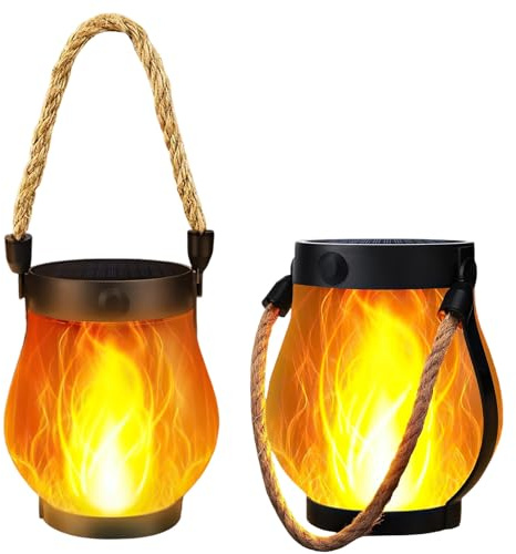 Farol Solar de Llama para Exteriores,Linternas al aire libre para jardín con efecto de llama,luces solares colgantes IPX4,carga dual solar y USB,para jardín,patio,[Clase de eficiencia energética A]