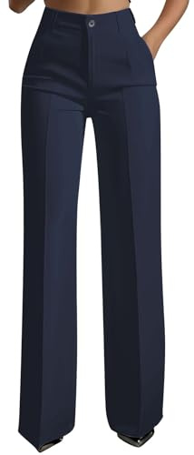 Womens Work Trousers High Waisted Wide Leg Suit Pants Smart Office Work Business Casual Formal Dress Pants Elegant Full Length Comfort Half Elastic Waist Tailored Straight Leg Trousers with Pockets