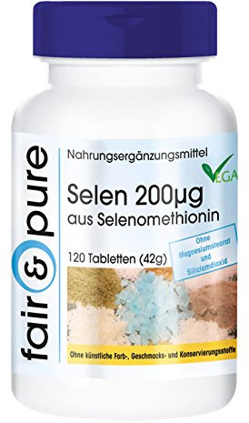 Fair & Pure Selen 200mcg aus Selenomethionin, 120 Tabletten, hochdosiert, Nahrungsergänzungsmittel vegan ohne Magnesiumstearat, in Deutschland hergestellt