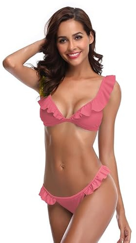 SHEKINI Costume da Bagno Donna Sexy V Profonda Bikini Imbottito Swimsuit Halter Brasiliano Cute Beachwear Ruffles Flounce Regolabile Costumi da Bagno Due Pezzi Mare e Piscina（Small, Watermelon Red）