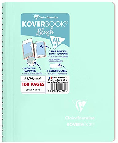 Clairefontaine 366773C - One Spiral Notebook Koverbook Blush Water Mint - A5 14,8x21 cm - 160 Lined Pages - White Paper 90 g - Polypro Enveloppante Cover