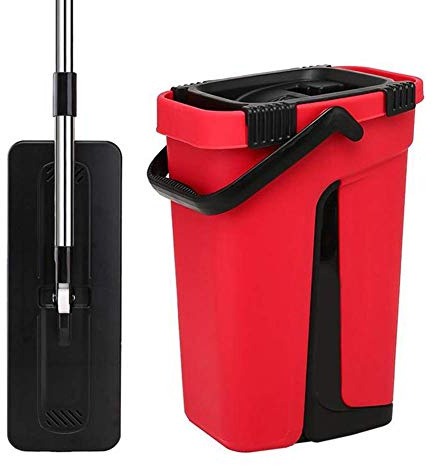 Mop&bucket Nettoyage Outil Kit , 2 IN 1 Laver Sec Poussière Sorcier Serpillière, Ménage Rotatif Sol W/Remplacement Serpillière Têtes, Tuile Marbre Système Plat Absorbant Etagère Lazy - Rouge