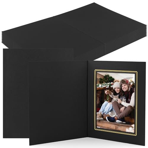 Golden State Art, Pack of 10, 5x7 Photo Folders, Cardboard Picture Frame, Paper Frame Cards, Greetings/Invitation Special Events: Graduation, Christmas (Black with Gold Lining)