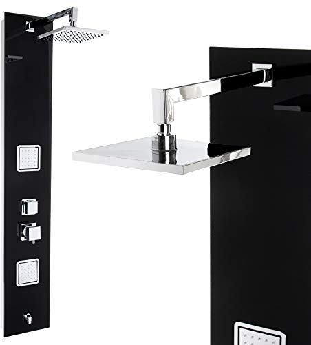 Premium Duschpaneel 150cm Schwarzes Glas Multi-Funktionen Regendusche mit oder ohne Thermostat Duschsystem, mit Thermostat