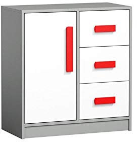 Furniture24 Kommod GIT 07 mit 3 Schubladen, 1 Tür, Mehrzweckschrank Sideboard Schubladenkommode für Jugendzimmer, Kinderzimmer (Anthrazit/Weiß/Rot)