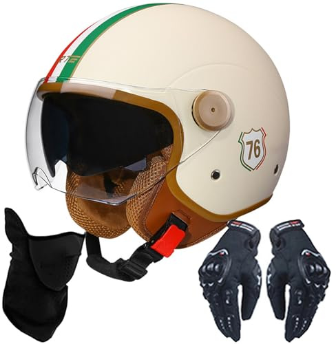 VHVYWY Casque de Moto 3/4 Vintage avec Double Visière, Homologué ECE, Demi-Casque Jet Rétro pour Enfant, Jeune, Homme et Femme 03