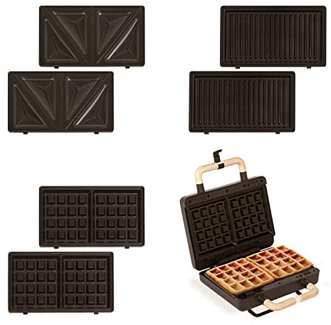 CREATE/STONE STUDIO/Sandwichera-Grill y gofrera doble negro / 3 placas intercambiables: Grill, Gofre y Sandwich, antiadherente, apertura 100º, 2 rebanadas, autoapagado, retro, 800W
