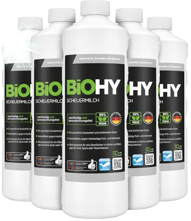 BiOHY Crème à récurer (6 x 1l Bouteille) | élimine sans effort les résidus alimentaires brûlés | nettoyage en sans rayer | pour la céramique et l'acier inoxydable (Scheuermilch)