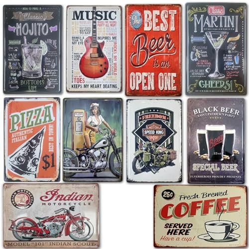 Placas Vintage |. Set de 10 Chapas Decorativas metálicas de pared | Decoración Retro para Salón, Bar, Cafetería, Cocina, Restaurante Oficina Tamaño 20x30