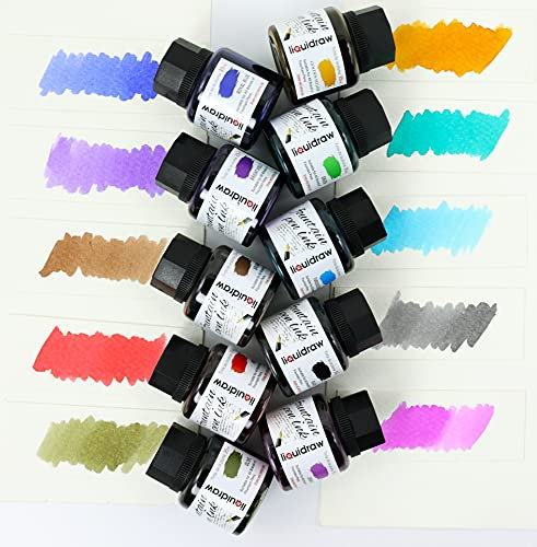 Liquidraw Fountain Pen Ink Bottles - 10 x 35 ml Assorted Colours | Fountain Pen Ink for Artists | Selection Includes Black, Blue, Red, Violet & Purple | Calligraphy Suitable | Write & Draw Stylishly