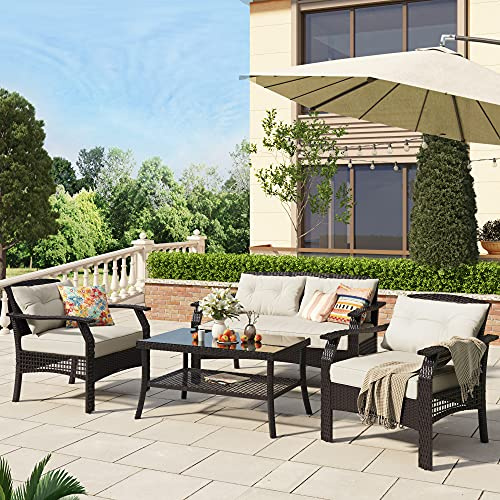 JSKJ Patio PE Wicker Sofa Seating Group, All-Weather Rattan Conversation Sofa Chair with Coffee Table, Garden, Poolside, Backyard (Beige-Sofa)