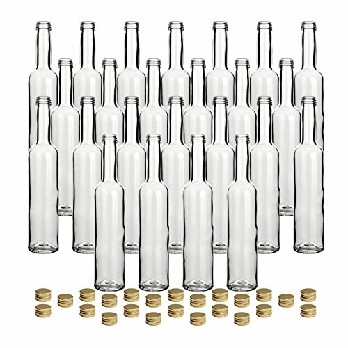 gouveo Lot de 24 bouteilles en verre 350 ml bordeaux avec bouchon à vis doré – Bouteille ronde en verre avec couvercle – Bouteille à vis vide pour limonade, jus, vin (FBR350G)